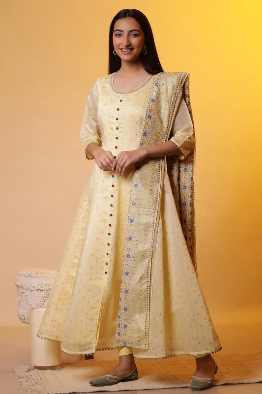 Trendy Yellow Embellished Anarkali Kurta, Tights, and Dupatta Set for Women’s Wedding, Party, and Festive Celebrations