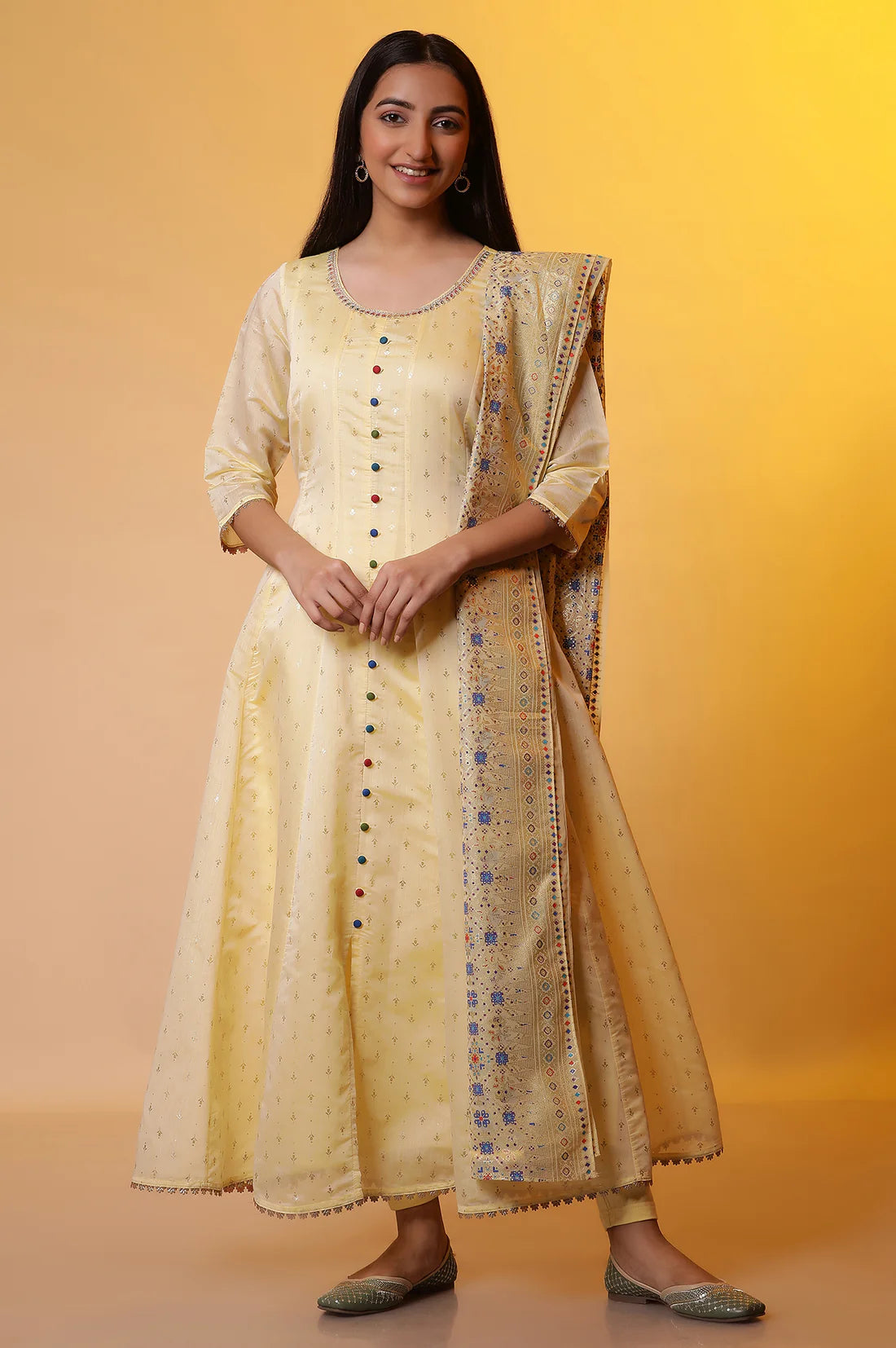 Trendy Yellow Embellished Anarkali Kurta, Tights, and Dupatta Set for Women’s Wedding, Party, and Festive Celebrations