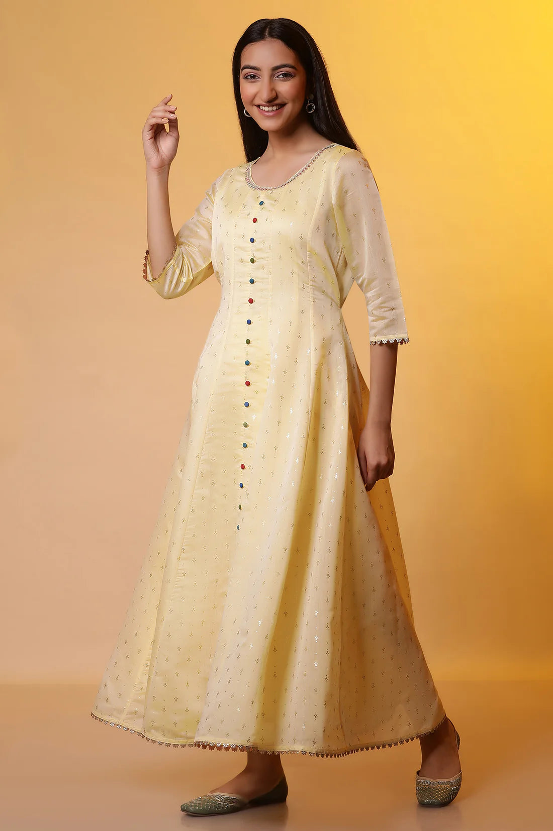 Trendy Yellow Embellished Anarkali Kurta, Tights, and Dupatta Set for Women’s Wedding, Party, and Festive Celebrations