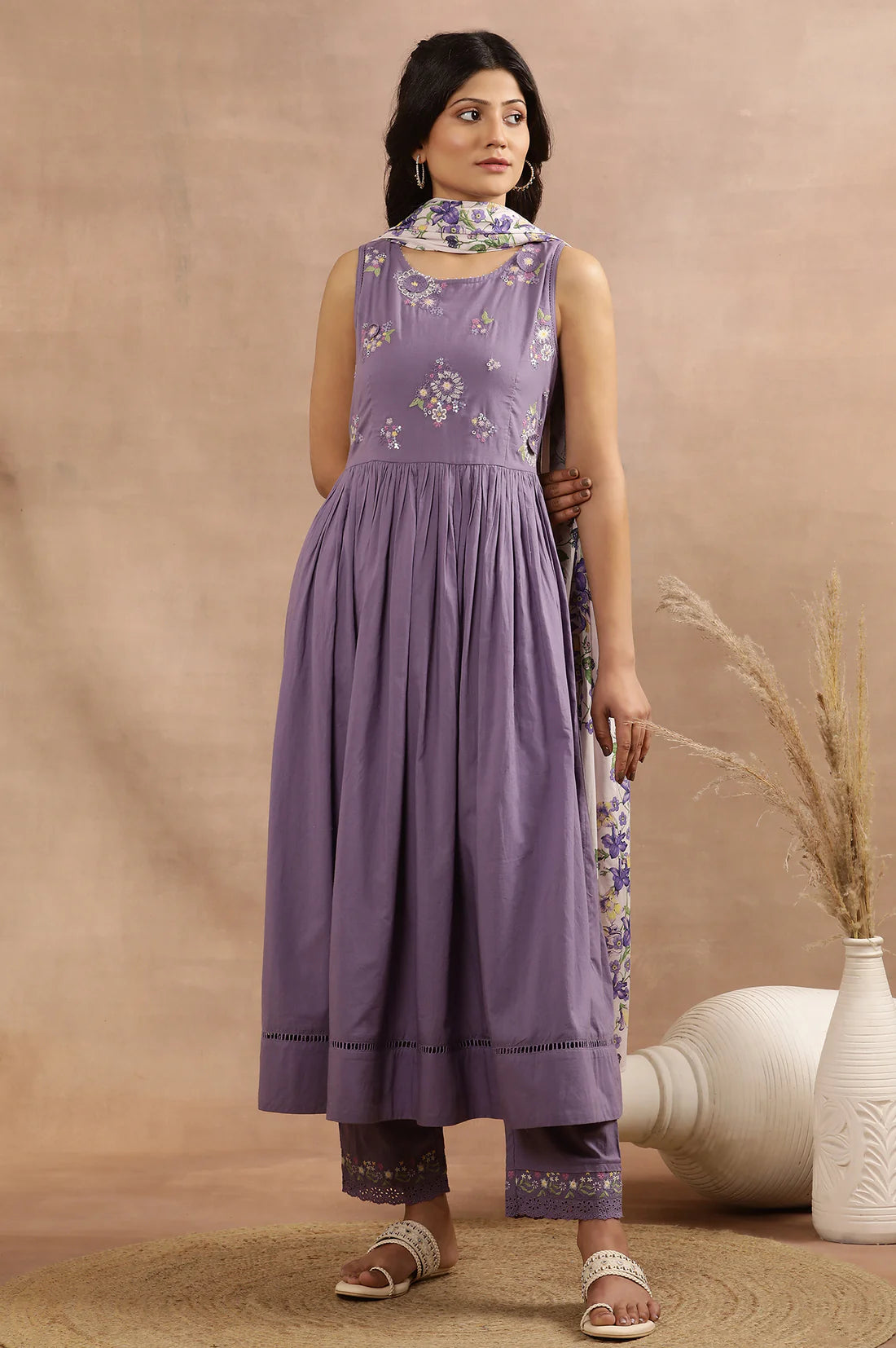Premium Purple Embroidered A-Line Kurta Ensemble with Coordinated Pants and Printed Dupatta for Women for Party and Festive Wear