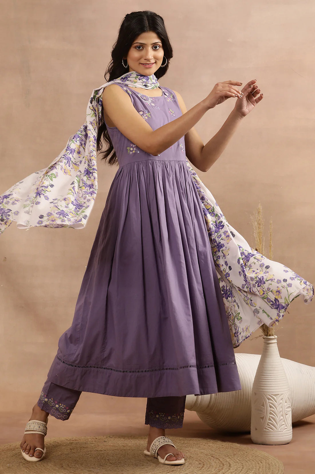 Premium Purple Embroidered A-Line Kurta Ensemble with Coordinated Pants and Printed Dupatta for Women for Party and Festive Wear