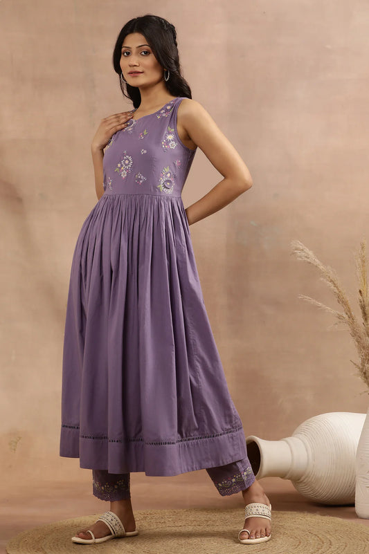 Premium Purple Embroidered A-Line Kurta Ensemble with Coordinated Pants and Printed Dupatta for Women for Party and Festive Wear