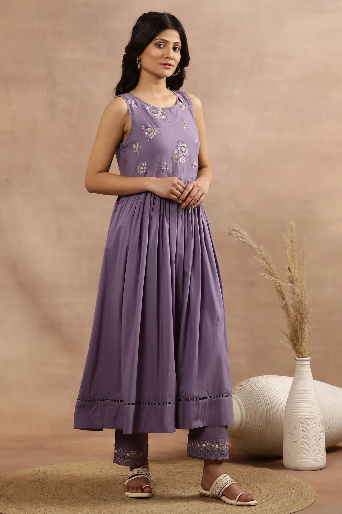 Premium Purple Embroidered A-Line Kurta Ensemble with Coordinated Pants and Printed Dupatta for Women for Party and Festive Wear
