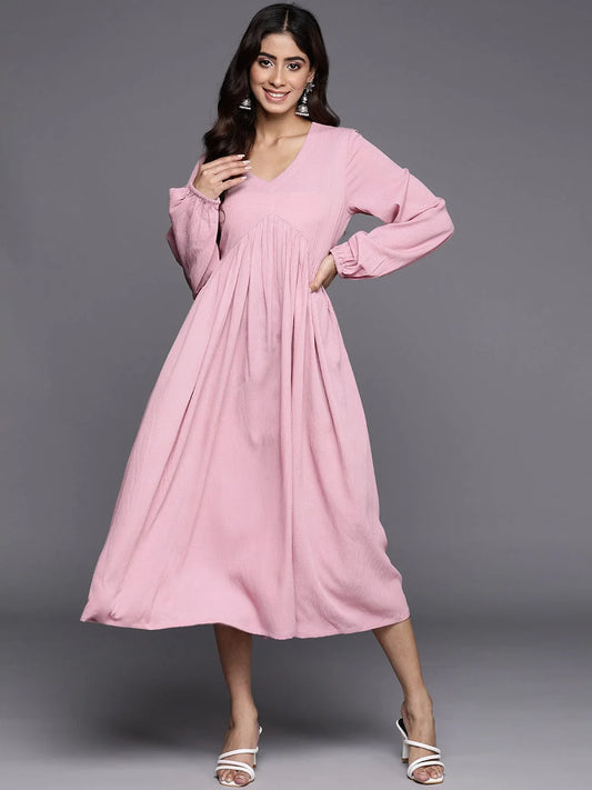 Elegant Women’s Pink V Neck Bishop Sleeve Calf Length A Line Dress with Flared Hem