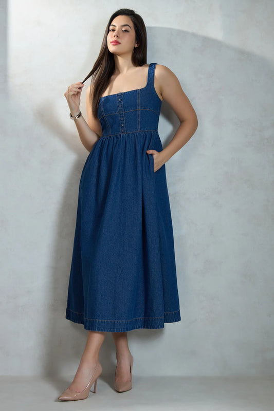 High Waist Cotton Denim Flared Midi Dress for Women