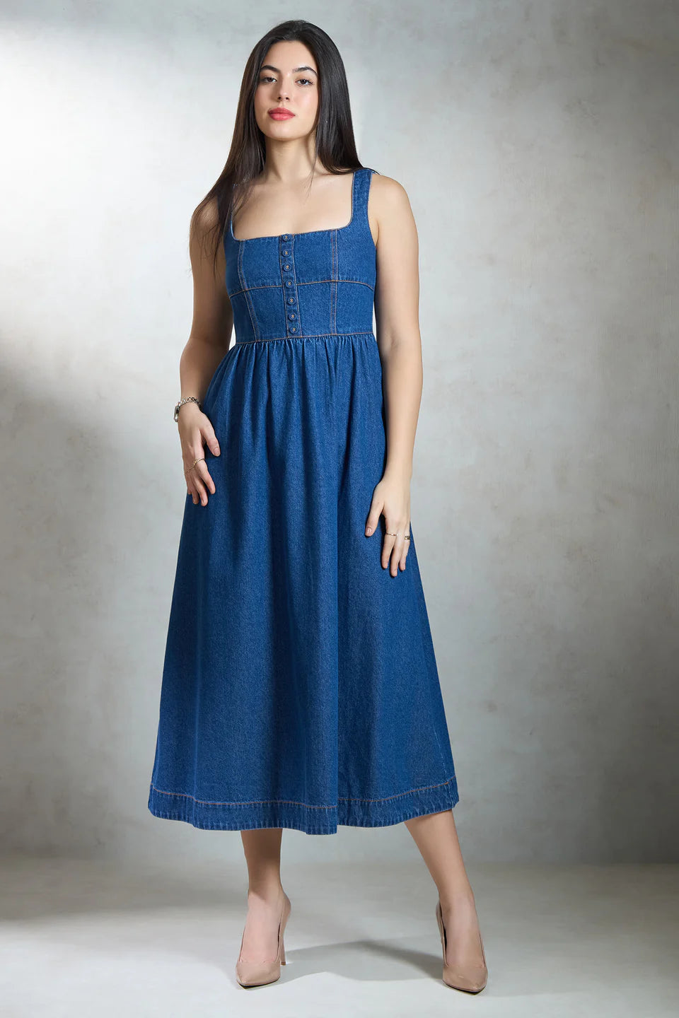 High Waist Cotton Denim Flared Midi Dress for Women