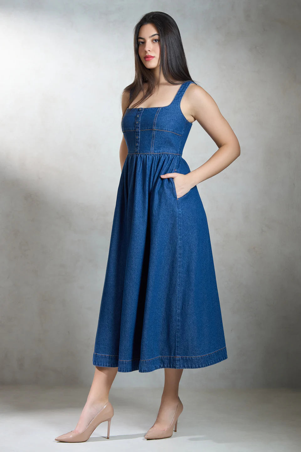 High Waist Cotton Denim Flared Midi Dress for Women