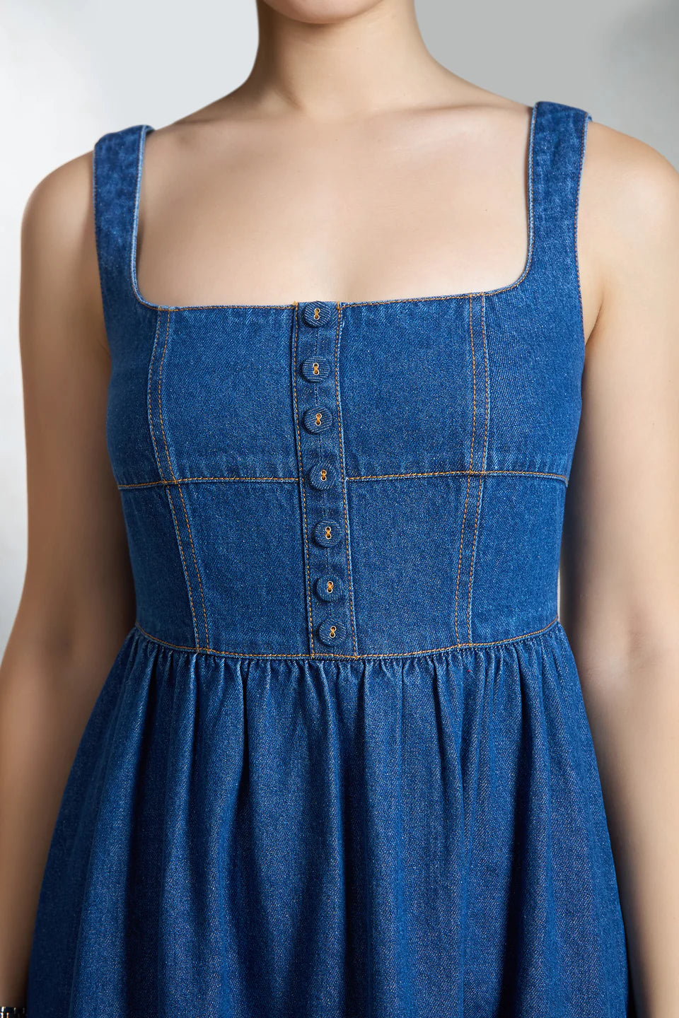 High Waist Cotton Denim Flared Midi Dress for Women