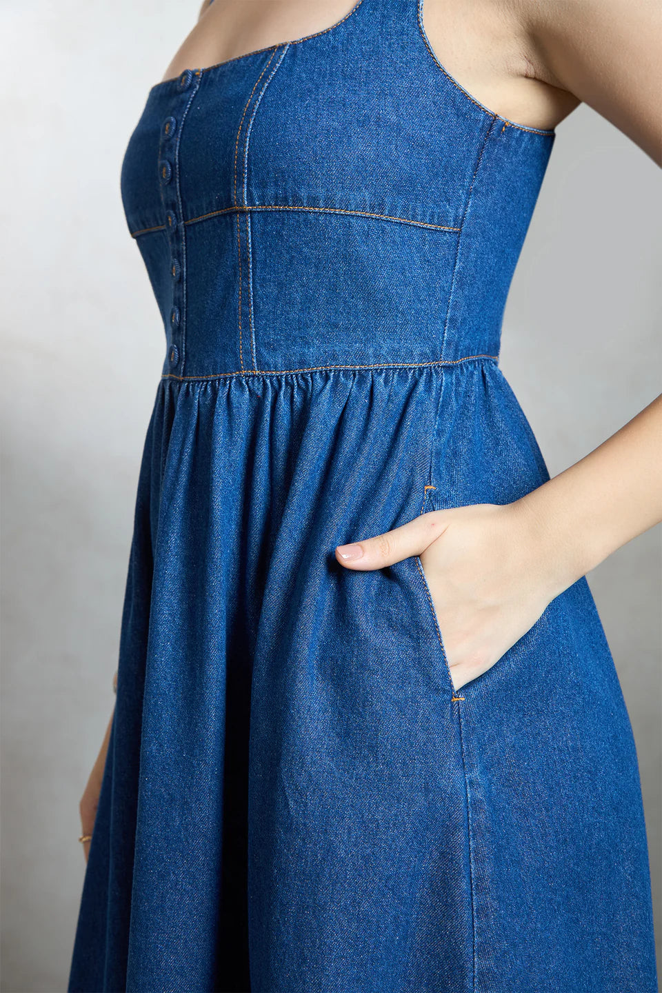 High Waist Cotton Denim Flared Midi Dress for Women