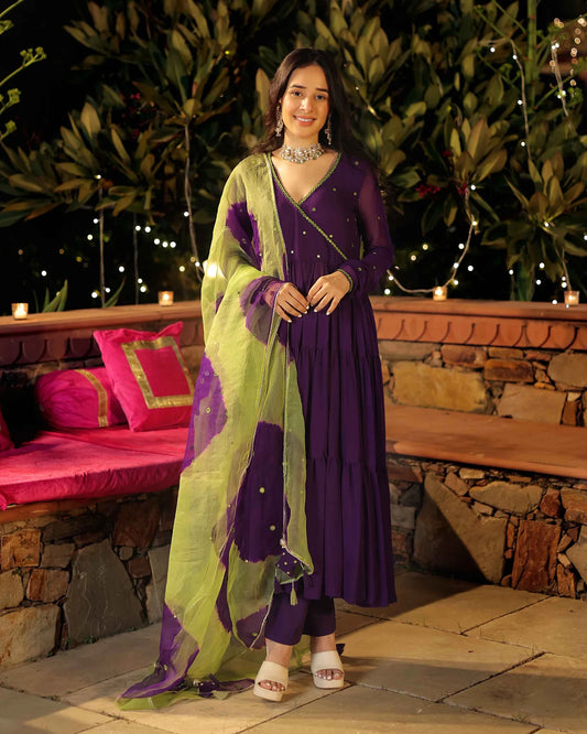 Traditional Purple Georgette Suit Set with Mirror Embroidery