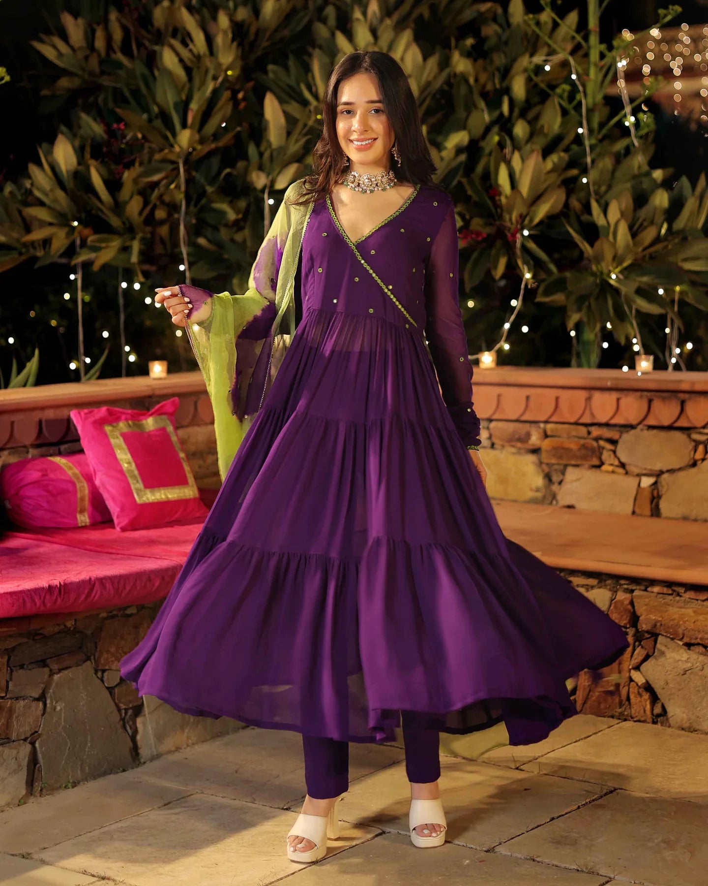 Traditional Purple Georgette Suit Set with Mirror Embroidery