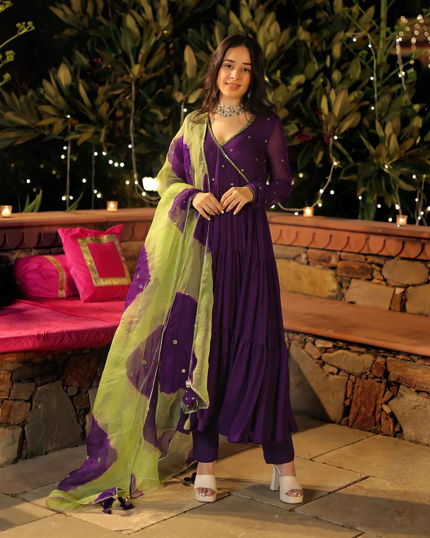 Traditional Purple Georgette Suit Set with Mirror Embroidery