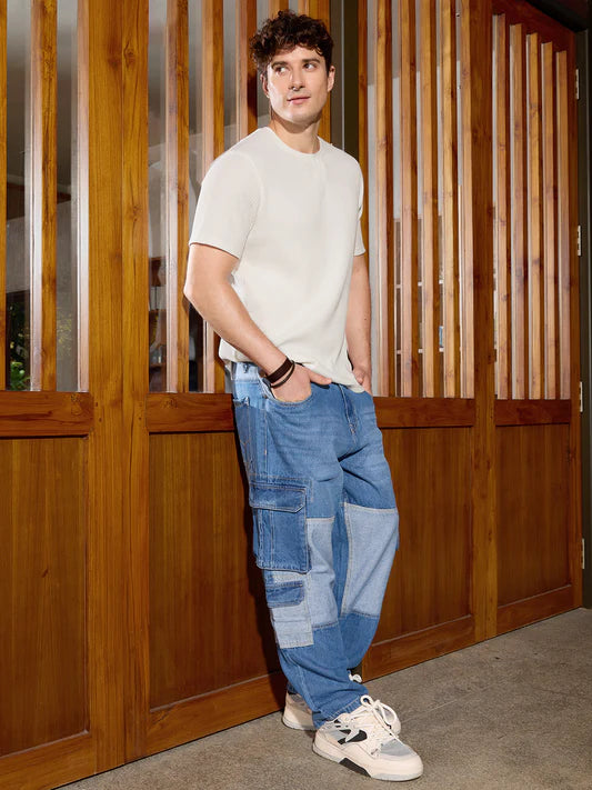 Trendy Blue Denim Cargo Jeans with Eye-Catching Colour-Blocked Design for Men