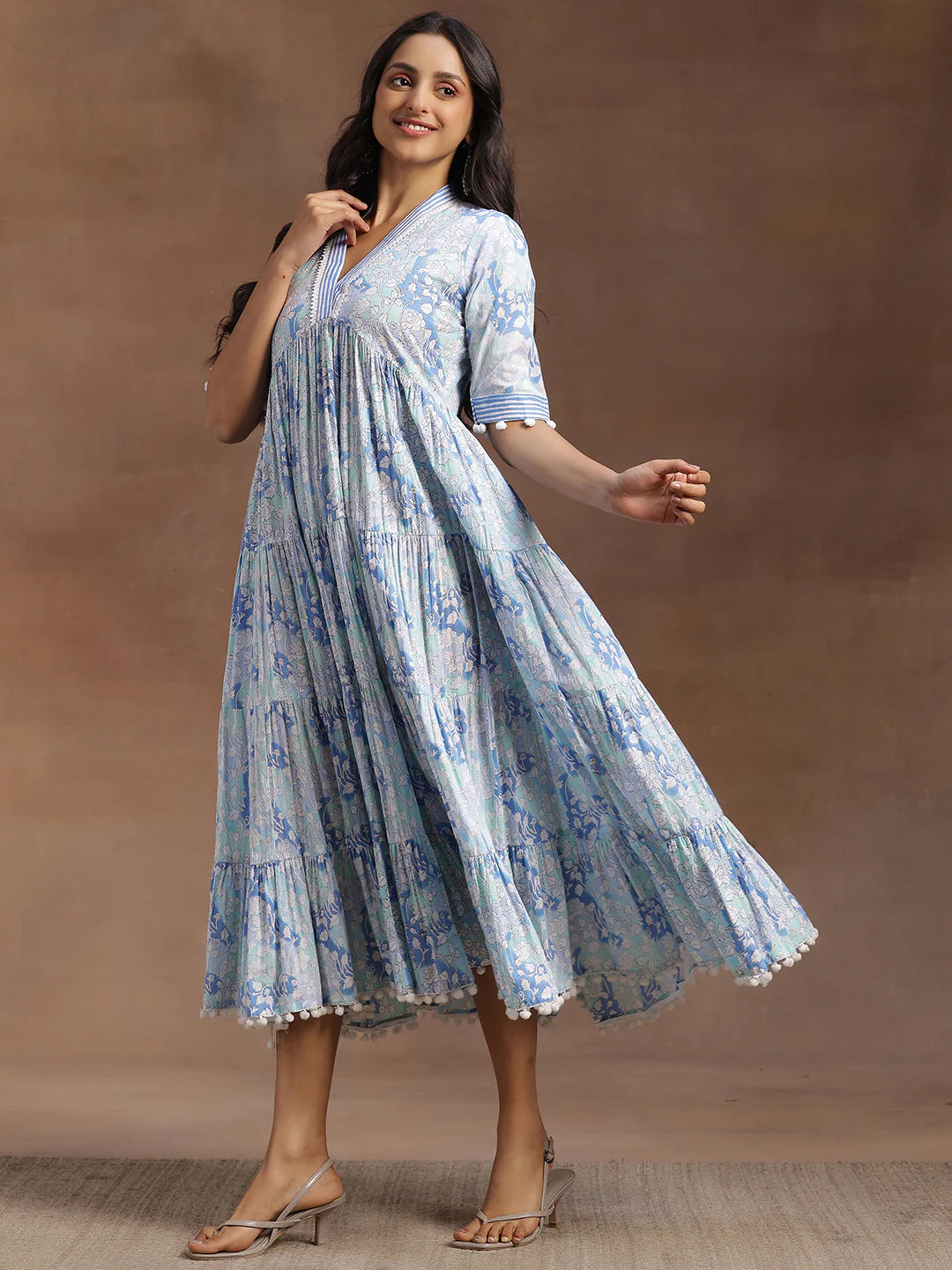Contemporary Blue Cotton A-Line Dress with Printed Detailing for Women