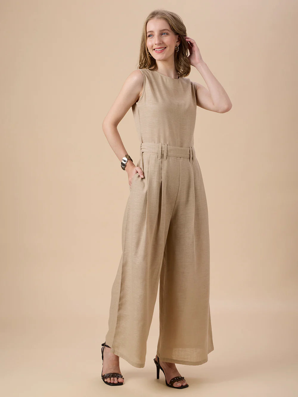 Stylish Women’s Beige Full-Length Jumpsuit with Contemporary Design