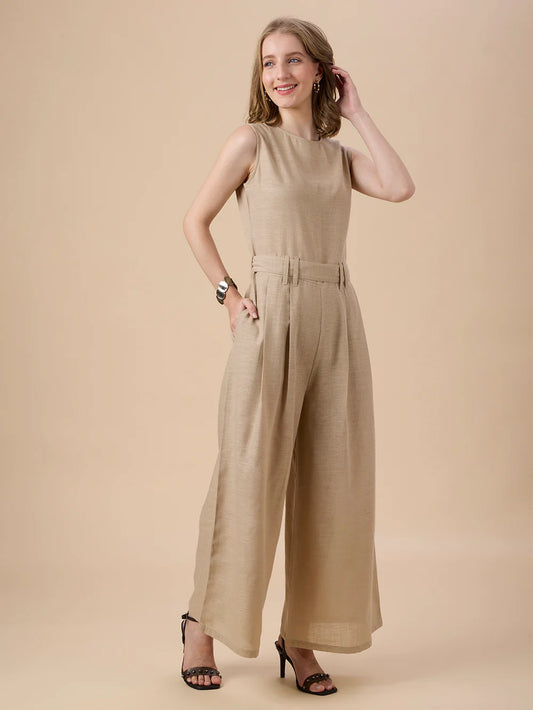 Stylish Women’s Beige Full-Length Jumpsuit with Contemporary Design