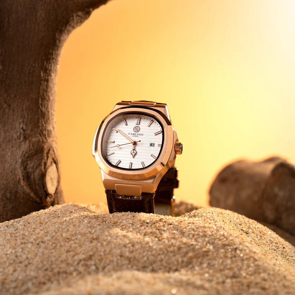 Trendy Men’s Leather Analog Watch Brown and White Classic Design