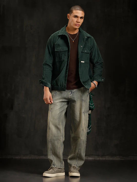 Casual Blue Denim Loose Fit Jeans with Mid-Rise Waist and Slanted Pocket Accents