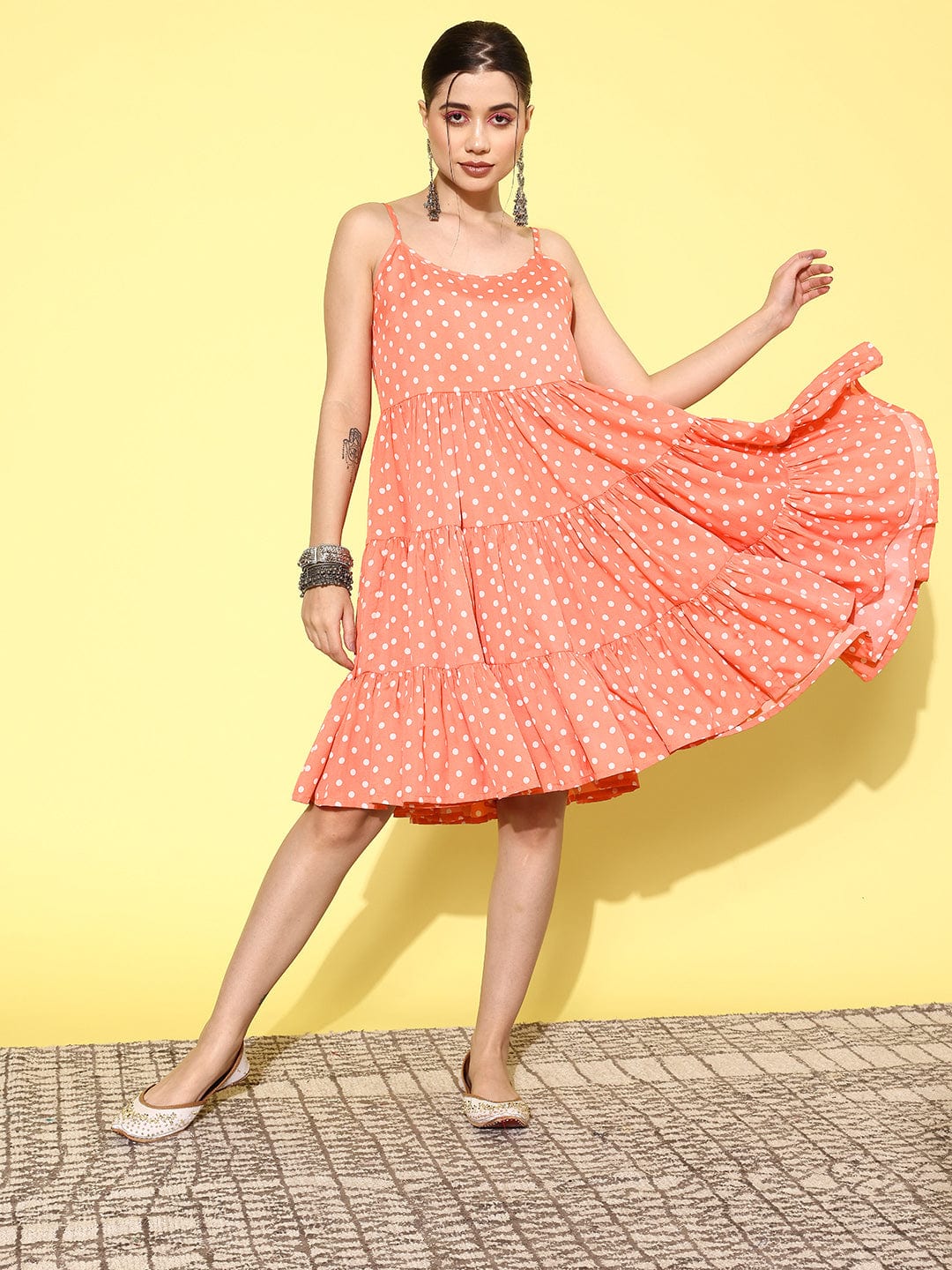 Casual Peach Polka Dot Printed Summer Dress for Women