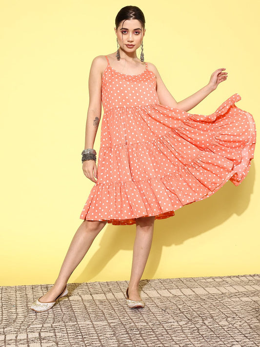Casual Peach Polka Dot Printed Summer Dress for Women