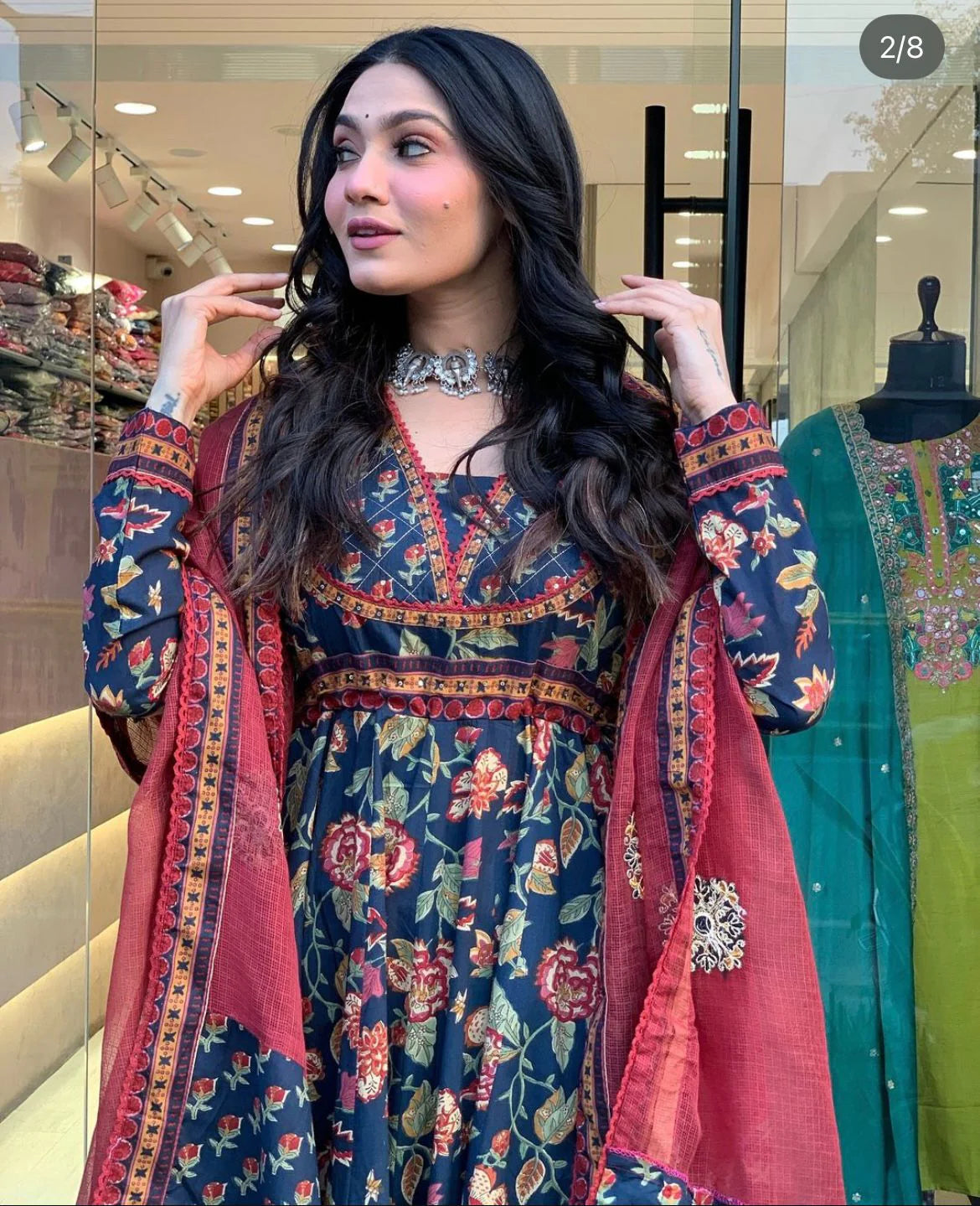 Women’s Stylish Printed Cotton Kurta Set with Pant and Dupatta Detailed with Sequins and Crochet Lace