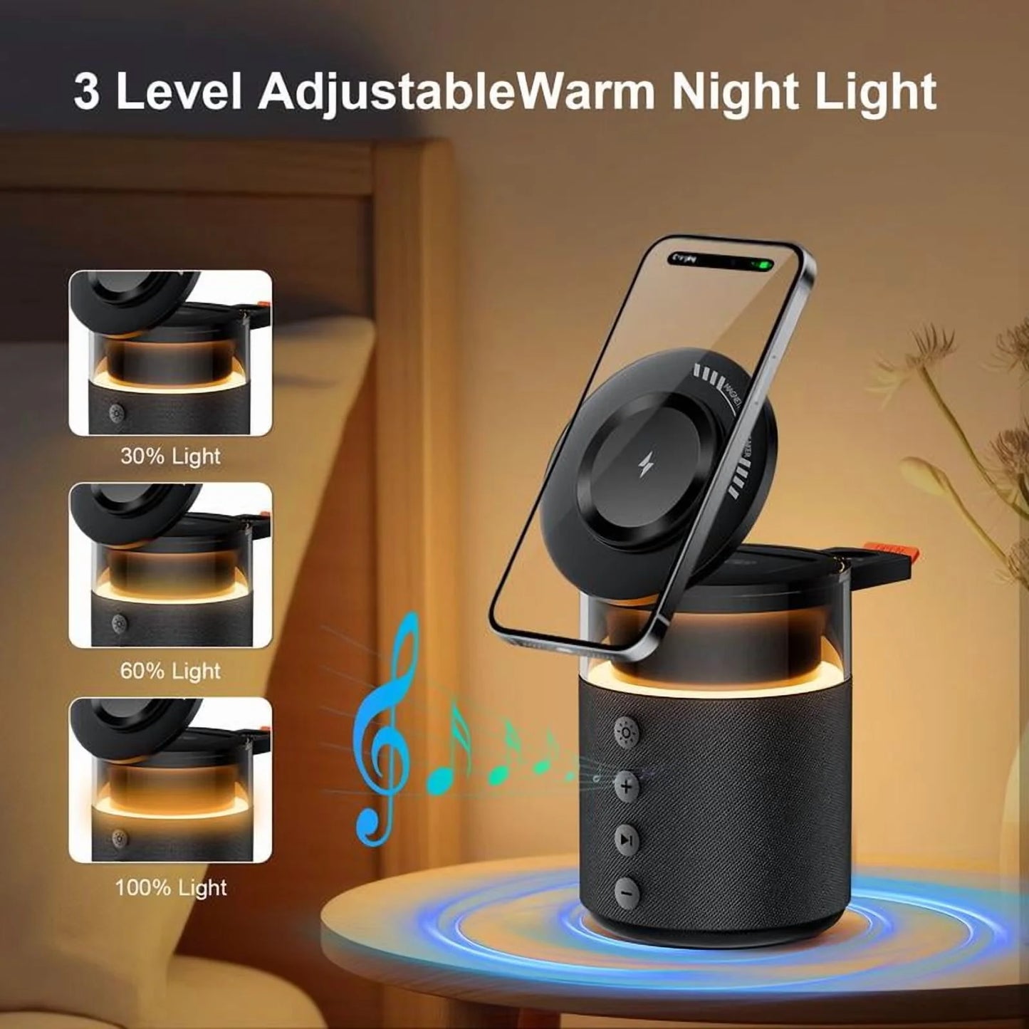 Wireless Charging Device with Bluetooth Speaker and Bedside Lamp