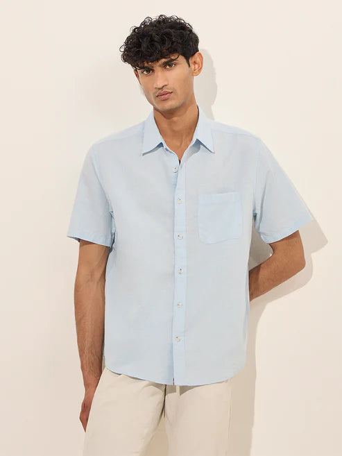 Men’s Light Blue Relaxed Fit Cotton-Blend Shirt for Office & Casual Wear