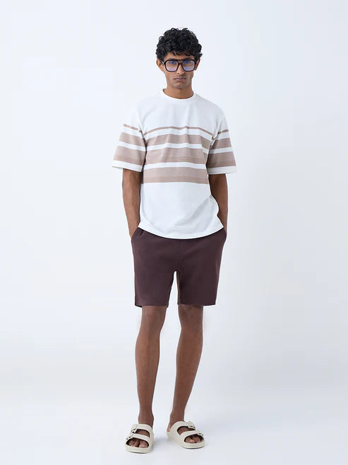 Fashionable Men’s Brown Striped Cotton-Blend T-Shirt for Weekend Outings