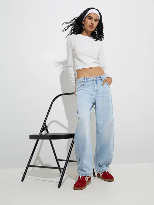 Premium Quality Blue Faded Low Rise Relaxed Fit Denim Jeans for Women Offering Modern Street Style
