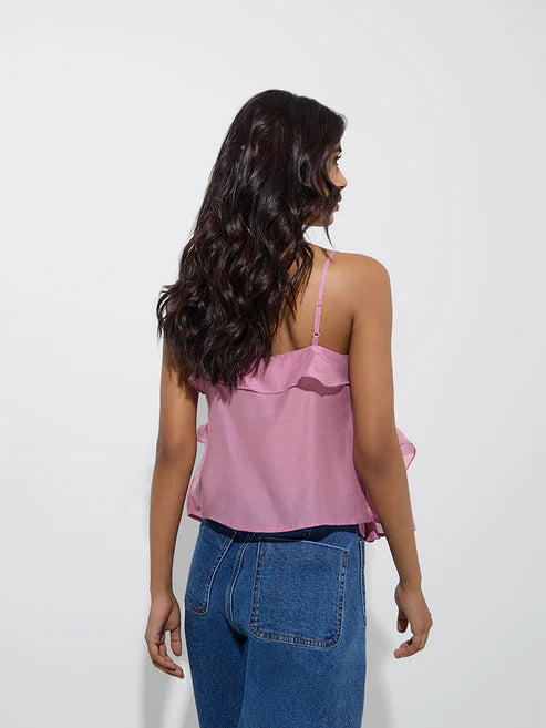 Fashionable Women’s Mauve Top Featuring Ruffle Design and Comfortable Fit