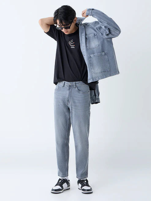 Men’s Grey Washed Slim-Fit Denim Jeans with Mid-Rise Waist for Relaxed Everyday Look