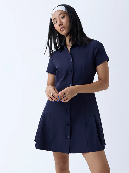 Chic Women’s Solid Navy Shirt Dress with Minimalist Styling and Button Detailing