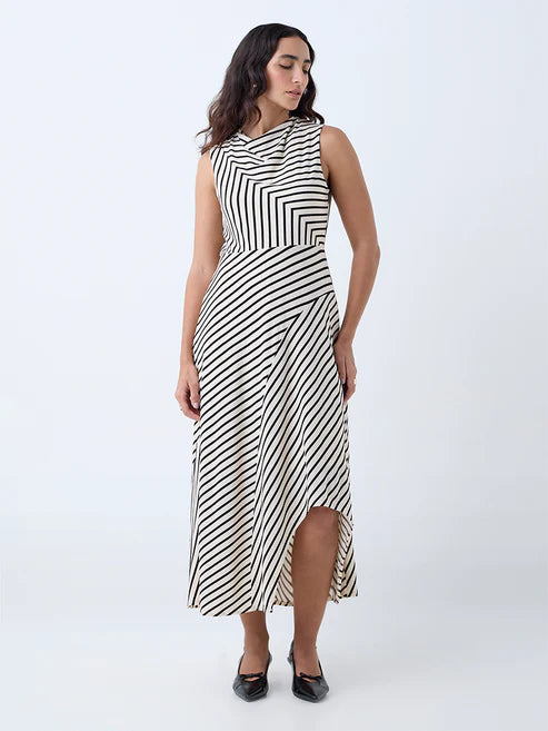 Graceful Off-White A-Line Dress with Striped Pattern for Semi-Formal and Casual Wear