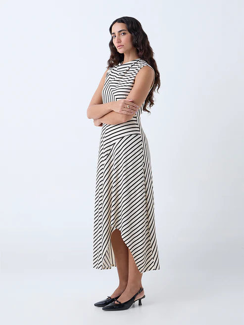 Graceful Off-White A-Line Dress with Striped Pattern for Semi-Formal and Casual Wear