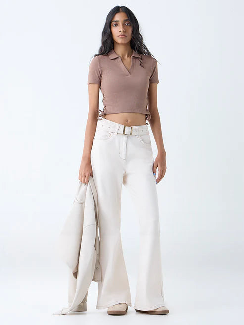 Classic Women Off White Mid Rise Bootcut Denim Jeans with Belt for Versatile Styling Options