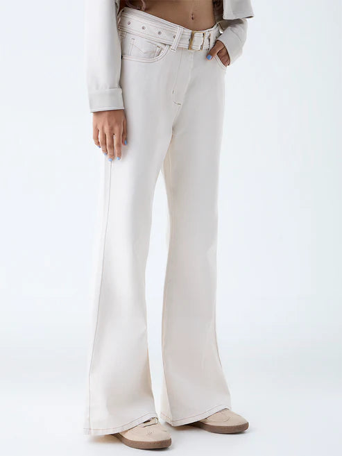 Classic Women Off White Mid Rise Bootcut Denim Jeans with Belt for Versatile Styling Options