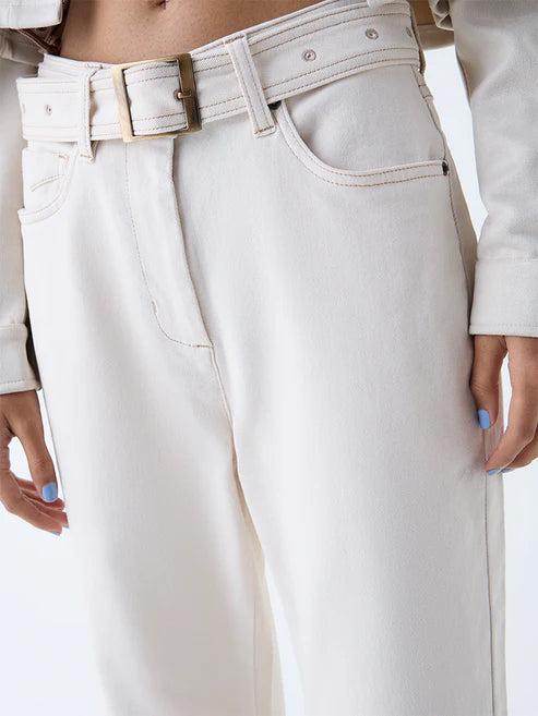 Classic Women Off White Mid Rise Bootcut Denim Jeans with Belt for Versatile Styling Options