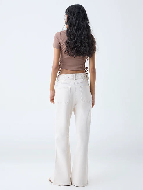 Classic Women Off White Mid Rise Bootcut Denim Jeans with Belt for Versatile Styling Options