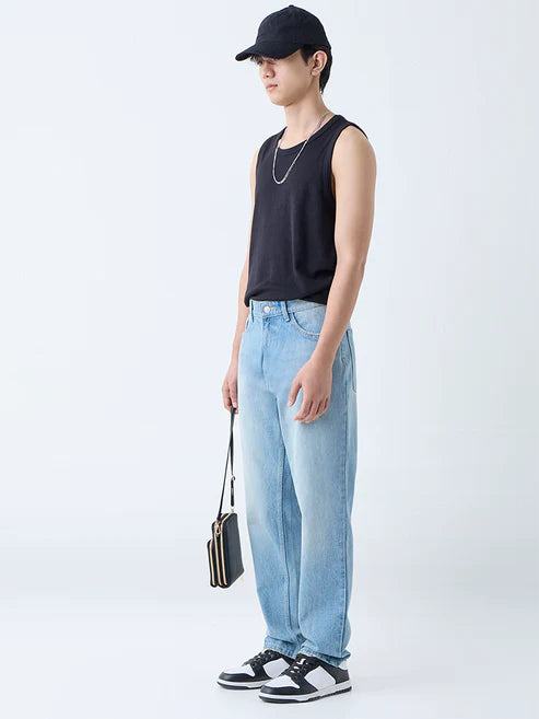 Light Blue Relaxed Fit Mid Rise Denim Jeans for Men with Casual Appeal