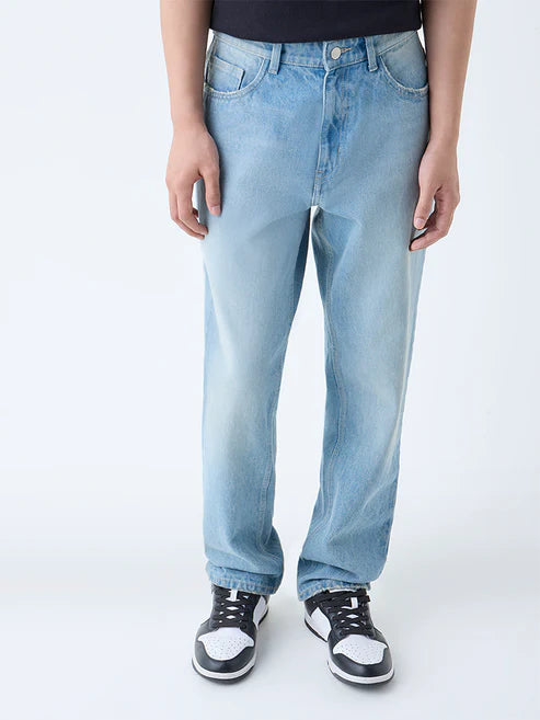 Light Blue Relaxed Fit Mid Rise Denim Jeans for Men with Casual Appeal