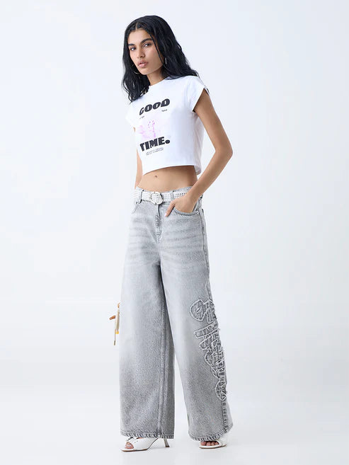 Designer Grey Faded Wide-Leg Mid-Rise Jeans with Contemporary Urban Style - Copy