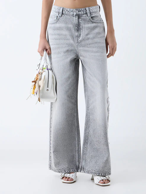 Designer Grey Faded Wide-Leg Mid-Rise Jeans with Contemporary Urban Style - Copy