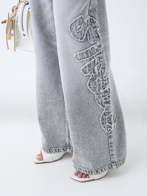 Designer Grey Faded Wide-Leg Mid-Rise Jeans with Contemporary Urban Style - Copy