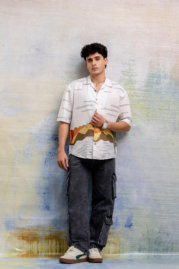 Trendy White Linen Oversized Shirt for Men Fusion Print Comfort