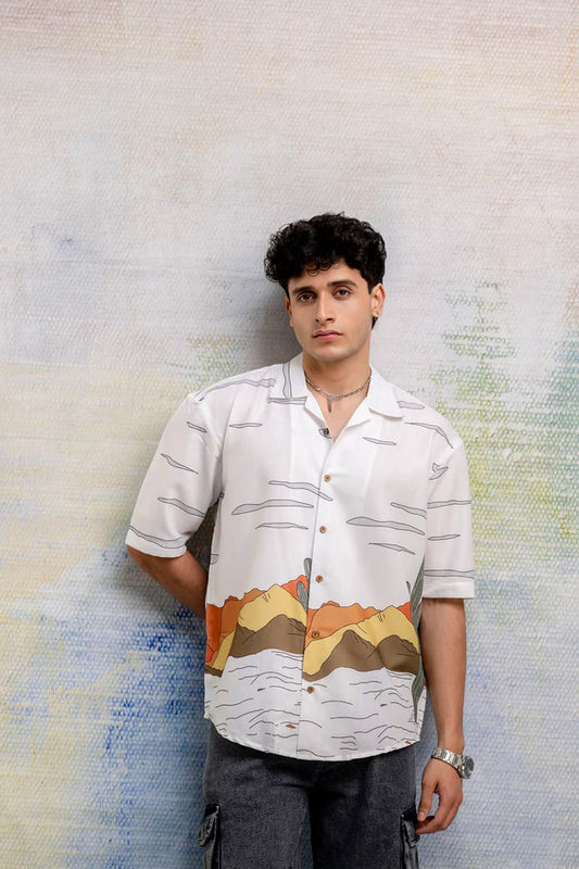 Trendy White Linen Oversized Shirt for Men Fusion Print Comfort