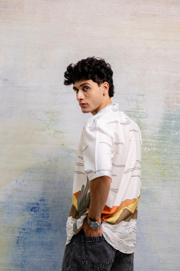 Trendy White Linen Oversized Shirt for Men Fusion Print Comfort