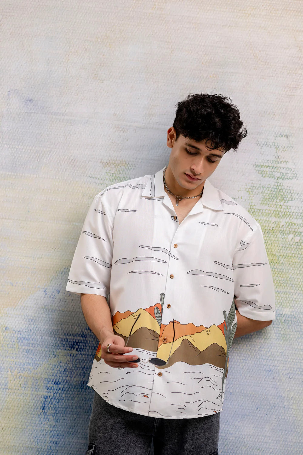 Trendy White Linen Oversized Shirt for Men Fusion Print Comfort