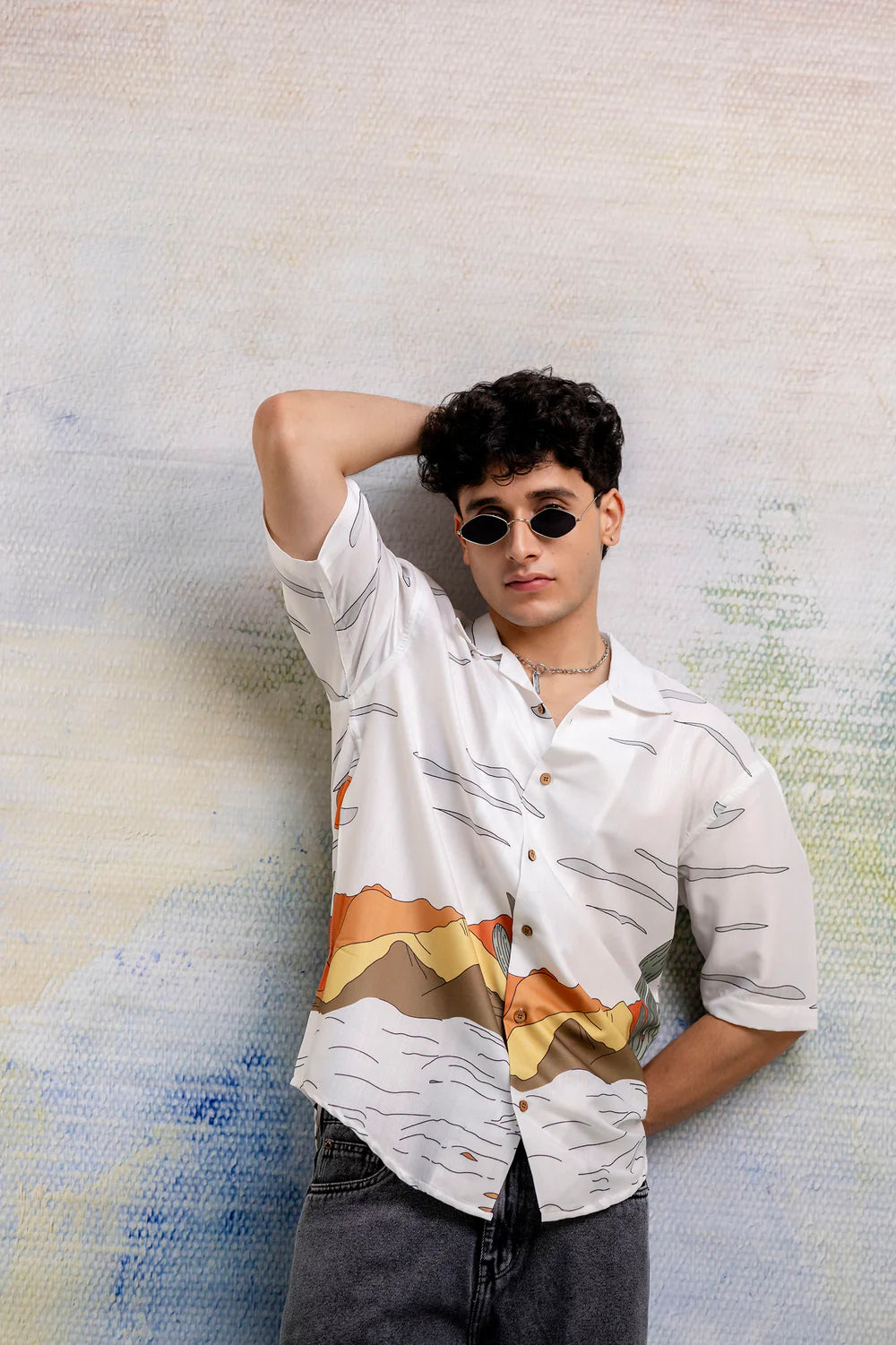 Trendy White Linen Oversized Shirt for Men Fusion Print Comfort