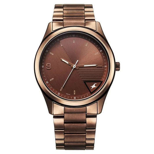 Sophisticated Men’s Analog Watch with Brown Face and Polished Metal Band