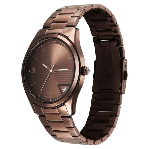 Sophisticated Men’s Analog Watch with Brown Face and Polished Metal Band